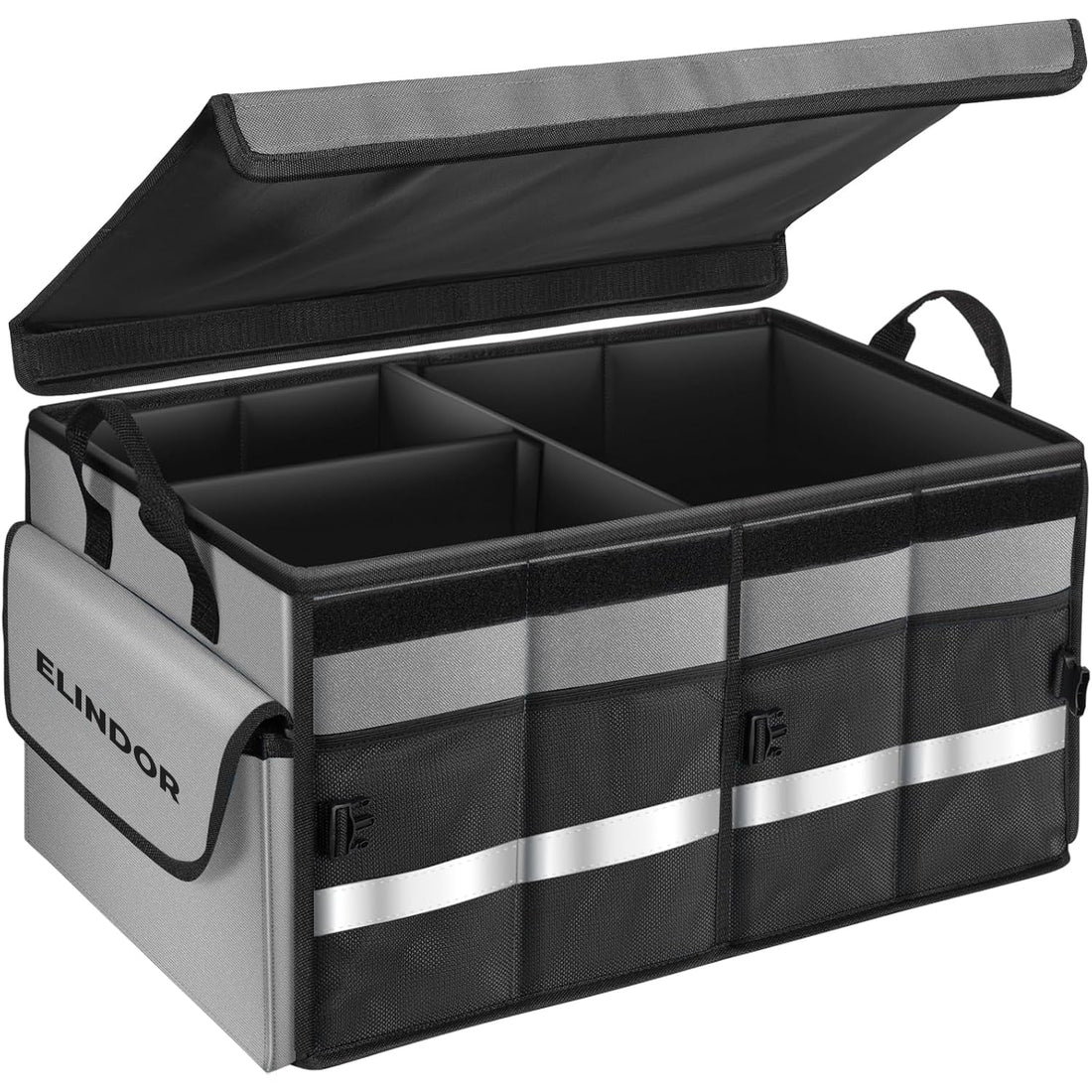 Organizator Negru Portbagaj Auto Elindor®, Cutie Pliabila, Geanta Depozitare, Compartimentare Practica, Accesorii Interior Masina, Plasa Elastica, Suport Bagaje, Organizare Rapida