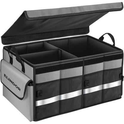 Organizator Negru Portbagaj Auto Elindor®, Cutie Pliabila, Geanta Depozitare, Compartimentare Practica, Accesorii Interior Masina, Plasa Elastica, Suport Bagaje, Organizare Rapida