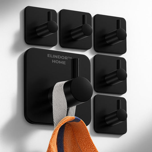 Set 6 Carlige Autoadezive Elindor®, Otel Inoxidabil Negre, Design Modern Fara Gaurire, Adeziv Puternic Rezistent la Apa, Suporta pana la 10 kg, Montaj Rapid, Agatatori pentru Prosoape, Halate, Chei, pentru Baie, Bucatarie, Hol, Birou sau Usi
