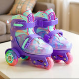 Role Reglabile Elindor® pentru Copii, Fete si Baieti, 4 Roti cu Lumini, Platforma in Triunghi, Ajutatoare pentru Incepatori, Rotile din Silicon, Rulmenti Aluminiu / Poliuretan, Marimea XS, 25-27.5, Mov