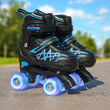 Role Reglabile Elindor® pentru Copii, Fete si Baieti, 4 Roti cu Lumini Quad, Ajutatoare, Rotile din Silicon, Rulmenti ABEC-7, Aluminiu / Poliuretan, Marimea S,28-32, Model Unicorn, Negru / Albastru