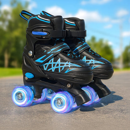 Role Reglabile Elindor® pentru Copii, Fete si Baieti, 4 Roti cu Lumini Quad, Ajutatoare, Rotile din Silicon, Rulmenti ABEC-7, Aluminiu / Poliuretan, Marimea S,28-32, Model Unicorn, Negru / Albastru