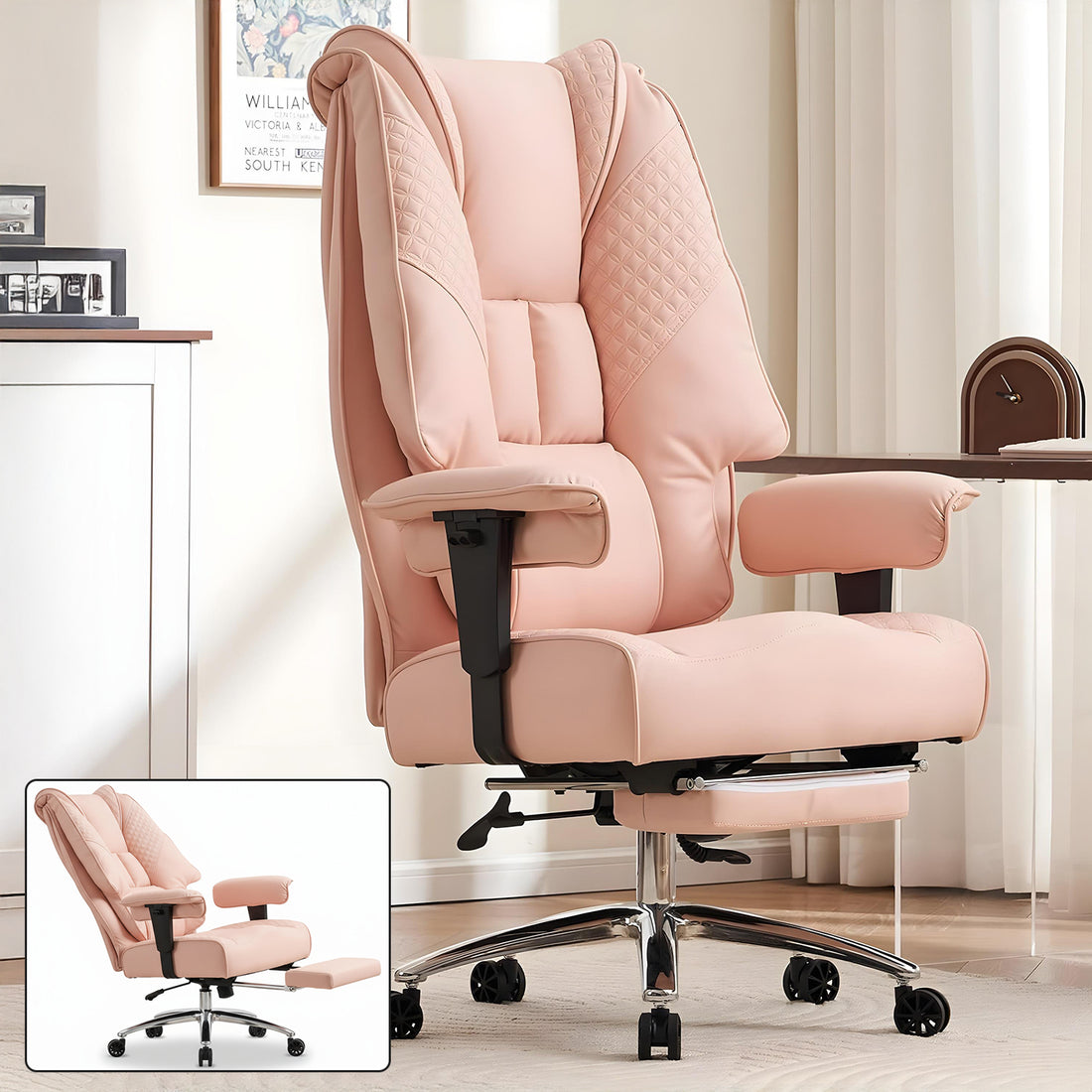 Scaun de Birou Elindor® Ergonomic, Design Contemporan, Scaun cu Spatar si Manere, din Piele PU cu Suport pentru Picioare si Roti, Latime Sezut 58 cm, Inaltime intre 48-56 cm, Roz