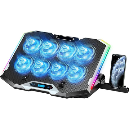 Cooler Laptop Elindor® cu 8 Ventilatoare Silentioase, RGB, Reglaj Inaltime, Afisaj Digital LCD, Suport Telefon, Negru