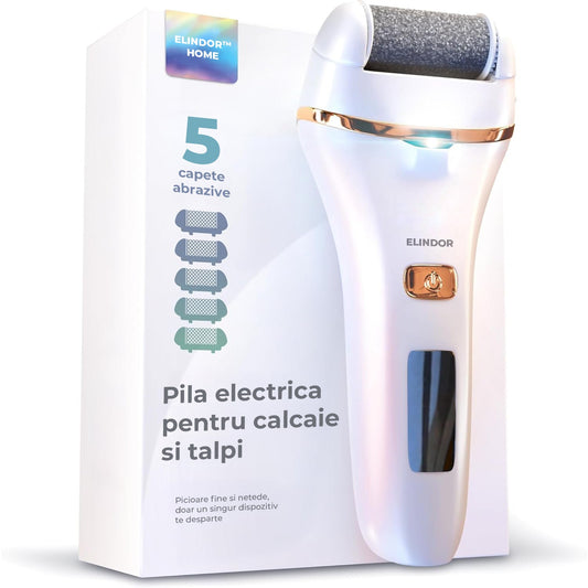 Pila Electrica pentru Talpi si Calcaie Elindor®, Display Digital, Led, Incarcare USB, Rezistent la Apa, 2 Viteze, 2000 RPM, 5 Capete Incluse pentru Picioare, Indepartare Piele Moarta, Aparat pentr Exfoliere Bataturi, Pedichiura Acasa sau la Salon ,Alb