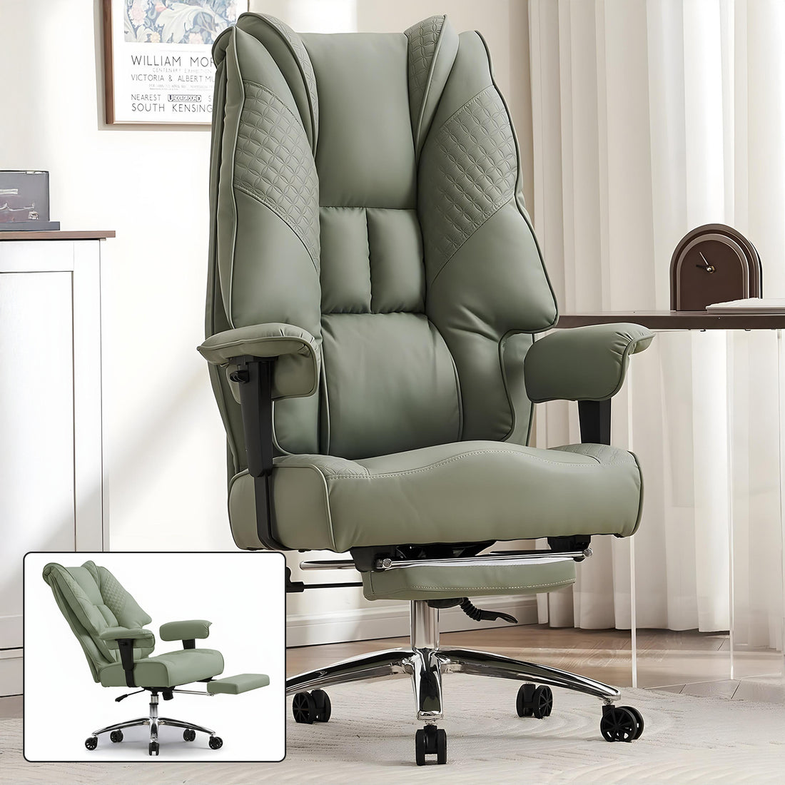 Scaun de Birou Elindor® Ergonomic, Design Contemporan, Scaun cu Spatar si Manere, din Piele PU cu Suport pentru Picioare si Roti, Latime Sezut 58 cm, Inaltime intre 48-56 cm, Verde