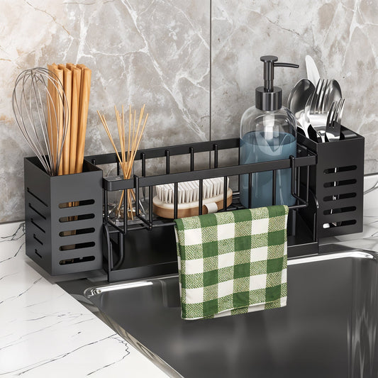 Scurgere Tacamuri cu Scurgere Automata Elindor®, Suport pentru Chiuveta, Bureti, Perii, Lavete, Detergent, Sticle, Cutii Inox, Cu Suport Prosop, Montaj Pe Blat Sau Perete, Metal Durabil 30,5×9×11 cm, Negru