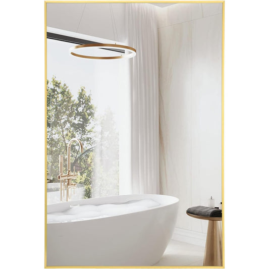 Oglinda Dreptunghiulara Elindor®, 55x75 cm, Sticla Fara Distorsiuni, Usor de Instalatat, Auriu