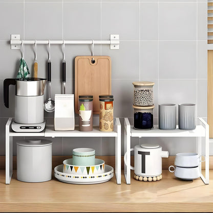 Raft Elindor® din Inox, Extensibil pentru Bucatarie, Organizator Metalic Reglabil, Ideal ca Etajera Depozitare in Camara sau Birou, Perfect pentru Condimente, Vesela, Farfurii, Stabil si Compact, Polita pentru Obiecte Diverse, 36-60x26x28 cm, Alb