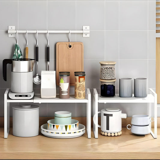 Raft Elindor® din Inox, Extensibil pentru Bucatarie, Organizator Metalic Reglabil, Ideal ca Etajera Depozitare in Camara sau Birou, Perfect pentru Condimente, Vesela, Farfurii, Stabil si Compact, Polita pentru Obiecte Diverse, 36-60x26x28 cm, Alb