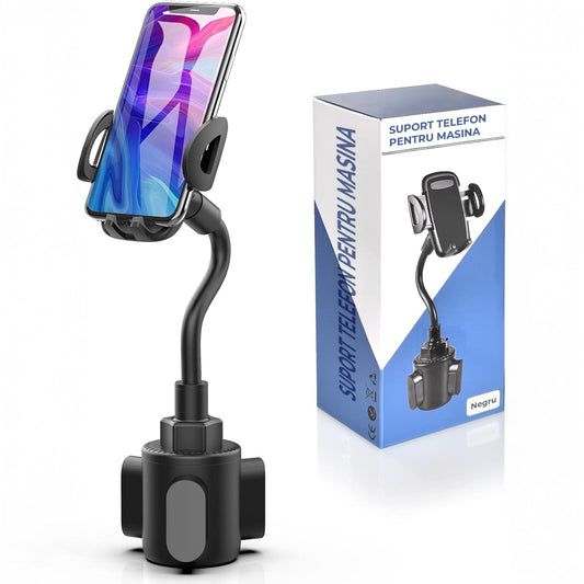Suport Telefon Auto Elindor® Universal pentru Suport Pahar, Brat Reglabil, Rotire 360°, Accesoriu Masina, Negru