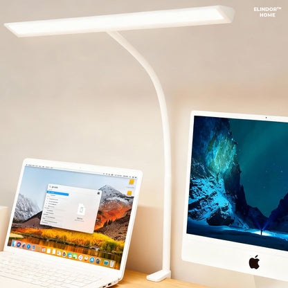 Lampa de Birou Elindor® Ultra-Wide, Alba cu LED, Nivel de Luminozitate Reglabil de la 2700K pana la 6500K, Veioza cu Clema Metalica si Brat Reglabil, Protectie pentru Ochi, Inaltime Totala 66 cm, Latime 40 cm