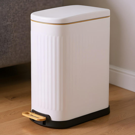 Cos de Gunoi pentru Baie cu Pedala Elindor® Metalic 13 L, Incorporabil, Functie Soft-Close, Capac Anti-Miros, Interior din Plastic, Pubela Slim pentru Bucatarie, Birou, Camera, Colectare Hartie Igienica si Deseuri, Design Compact si Modern, 34x17x39 cm, A