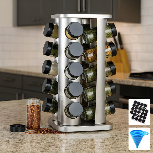 Organizator Condimente Elindor® din Inox, Suport Tip Turn, Rotativ, cu 20 Compartimente si Recipiente din Sticla, Borcane cu Capac, Organizator Bucatarie, Accesorii Depozitare, 34 x 18.3 cm, Argintiu