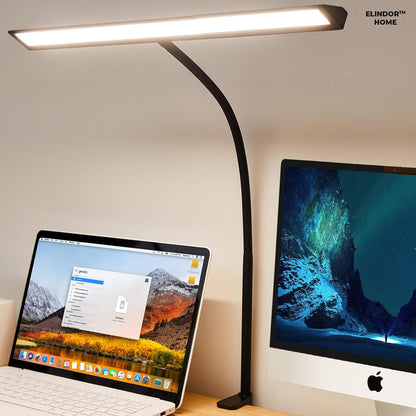 Lampa de Birou Elindor® Ultra-Wide, Neagra cu LED, Nivel de Luminozitate Reglabil de la 2700K pana la 6500K, Veioza cu Clema Metalica si Brat Reglabil, Protectie pentru Ochi, Inaltime Totala 66 cm, Latime 40 cm