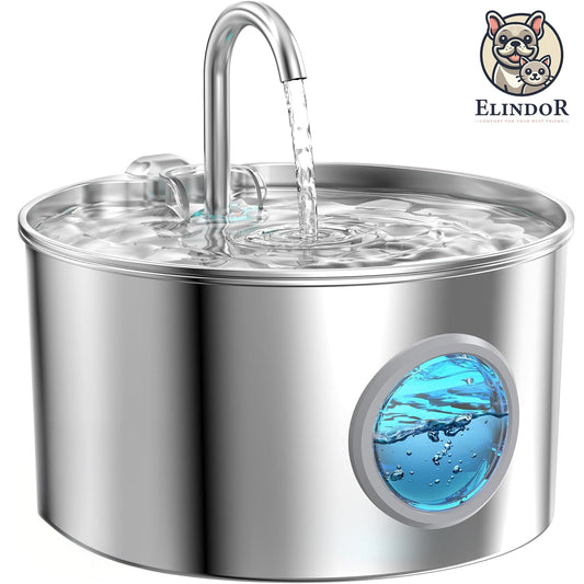 Fantana Apa Inox 2.2L Elindor®, Dispenser Inteligent Pentru Pisici si Caini, Dozator Silentios, Adapator Automat, Vas Cu Filtru, Recipient Interior, Suport Fix, Argintiu