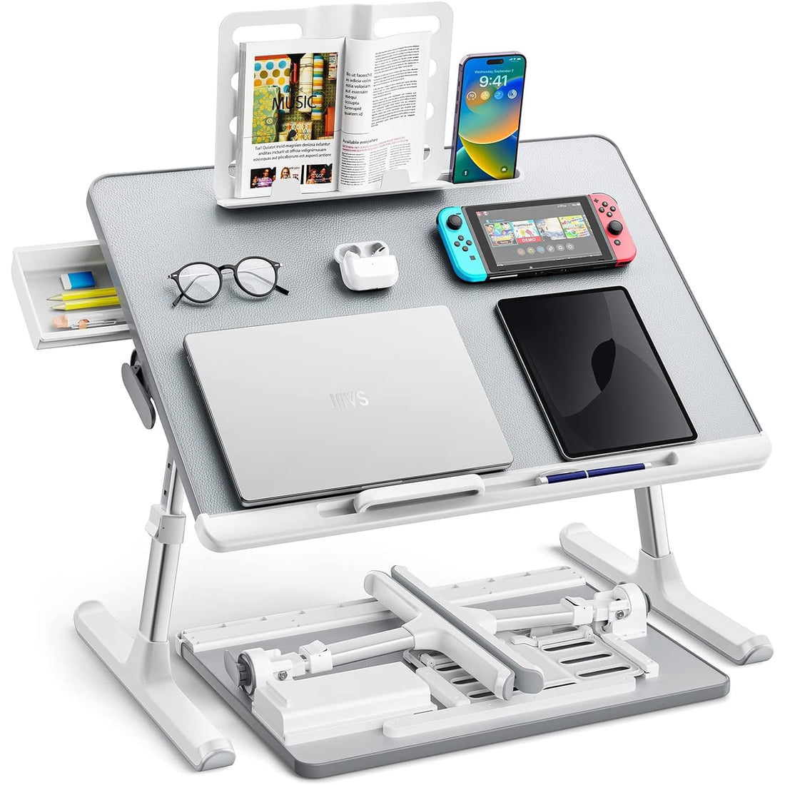Masa Pliabila pentru Laptop Elindor®, Multifunctionala, Ajustabila din Piele PVC, Birou Portabil cu Sertar de Depozitare si Suport pentru Carte, Inaltime intre 27-38 cm, Gri