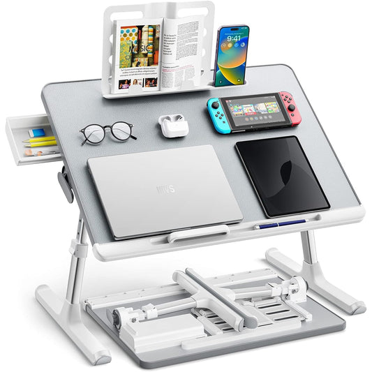 Masa Pliabila pentru Laptop Elindor®, Multifunctionala, Ajustabila din Piele PVC, Birou Portabil cu Sertar de Depozitare si Suport pentru Carte, Inaltime intre 27-38 cm, Gri