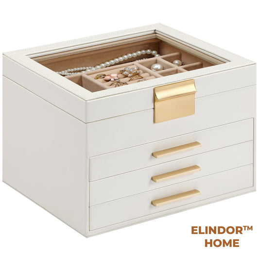Cutie de Bijuterii Elindor® cu Trei Sertare Spatioase si Capac Transparent, Inchidere Clapeta, Organizator pentru Inele Cercei Bratari, Ceasuri, Alb