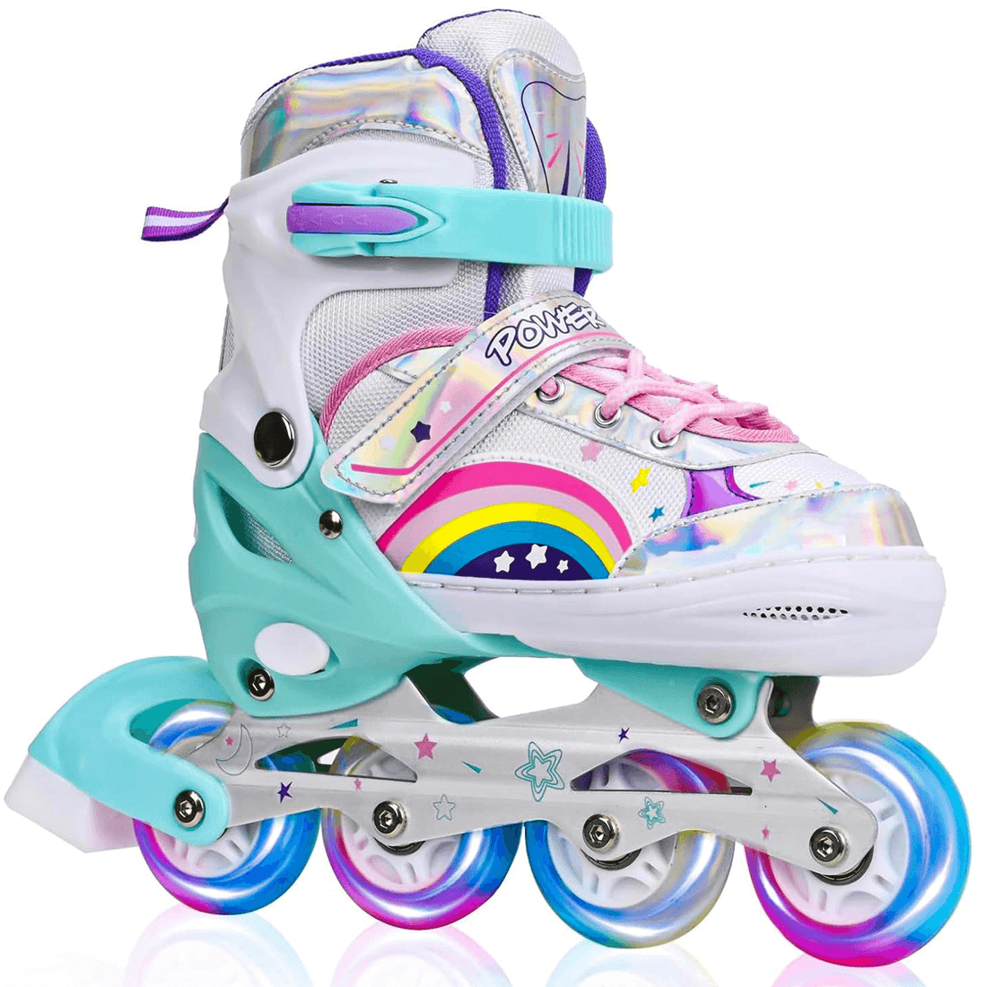 Role Reglabile pentru Copii și Adulți, 4 Roți Luminoase, Curcubeu, Mărimea 27-31 S