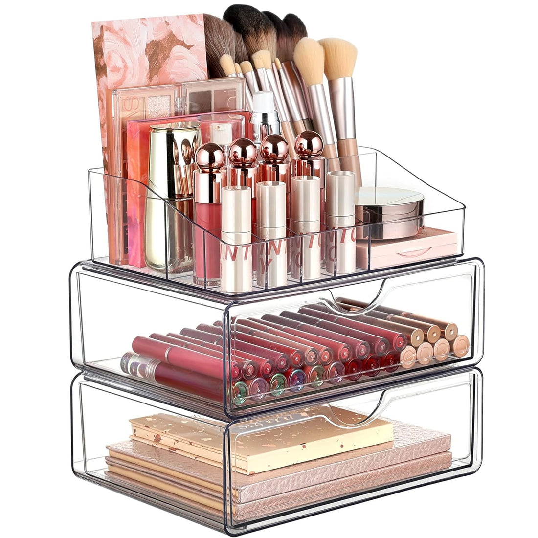 Organizator Machiaj Elindor®, 3 Sertare, Suport Rujuri, Pensule si Produse Cosmetice, Transparent