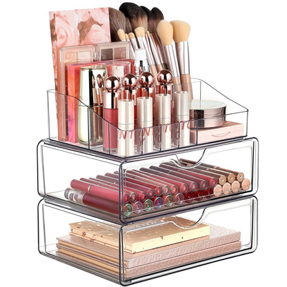 Organizator Machiaj Elindor®, 3 Sertare, Suport Rujuri, Pensule si Produse Cosmetice, Transparent
