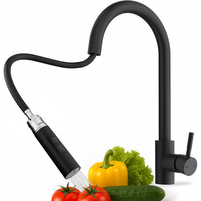 Baterie Chiuveta Neagra Elindor®, Robinet de Apa pentru Bucatarie, Jet Reglabil, Modern cu Pipa Flexibila, Cap Dus Extractabil cu Doua Functii, Monocomanda, Rotativ 360°, Otel Inoxidabil, Finisaj Mat