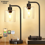Set 2 Veioze de Noptiera Elindor® Veioza Aurie cu Intrerupator Rotativ de Reglare a Intensitatii, Lampa cu Baza Metalica si Abajur din Sticla, Lampa pentru Camera de Zi, pentru Dormitor, Sufragerie, Birou, 2 Porturi USB, Antialunecare, 20 x 15 x 41 cm