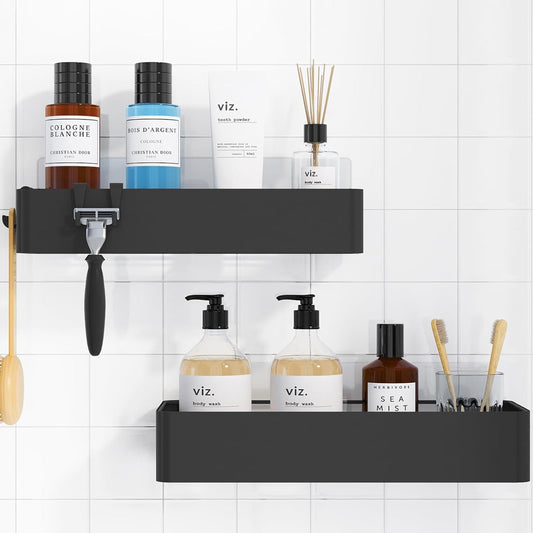 Set 2 Rafturi de Dus Elindor® Polita cu Adeziv, Etajera de Baie, din Inox, Suport Prosop, Raft Organizator, Etajere Depozitare in Bucatarie, Accesorii, 30 x 11.7 x 5.5 cm, Negru