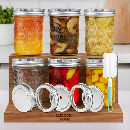 Set 6 Borcane din Sticla Elindor® cu Capac Ermetic, Borcan 240 ml Ideal pentru Miere, Dulceata, Condimente, Cafea, Zahar si pentru Fermentare Muraturi, Capace Metalice, Recipient Depozitare in Bucatarie, Transparent