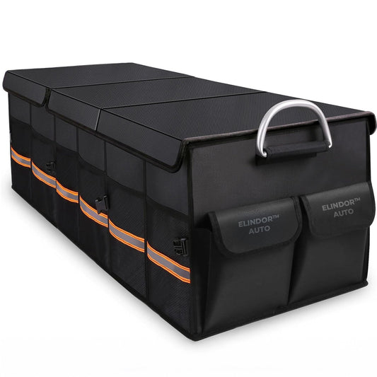 Organizator Auto Portbagaj Elindor®, Antiderapant, Impermeabil, Pliabil, Compartimente Multiple, Organizator Cargo pentru SUV, Depozitare Portbagaj, Dimensiuni 89 x 35 x 30 cm, Manere Aluminiu, Banda Reflectorizanta, Accesorii Auto, Negru