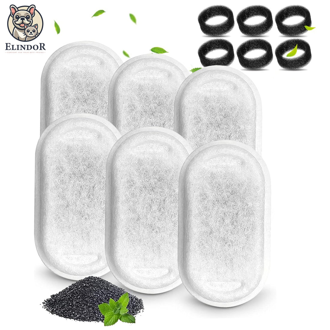Set 6 Filtre + 6 Bureti Elindor® pentru Fantana de Apa Pisici si Caini, Compatibilitate Universalsa cu Dispensere din Inox, Filtrare in 3 Straturi, Carbon Activ, Alb