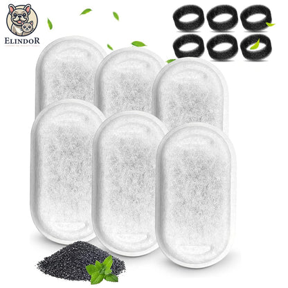 Set 6 Filtre + 6 Bureti Elindor® pentru Fantana de Apa Pisici si Caini, Compatibilitate Universalsa cu Dispensere din Inox, Filtrare in 3 Straturi, Carbon Activ, Alb