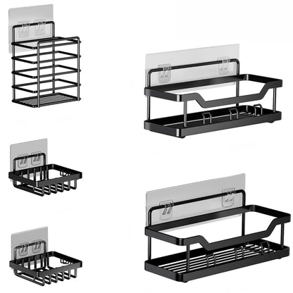Set 5 Etajere Autoadezive Elindor® Rfturi de Dus, Otel Carbon, Fixare Fara Gauri, Negru