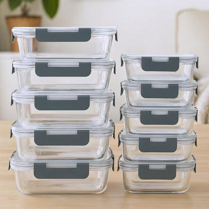 Set de 10 Caserole Elindor® din Sticla, Recipiente Ingrediente pentru Bucatarie, pentru Alimente Uscate, Recipient pentru Depozitare Cafea, Zahar, Paste, Cereale, Capac Etans, Potrivit pentru Congelator Transparent