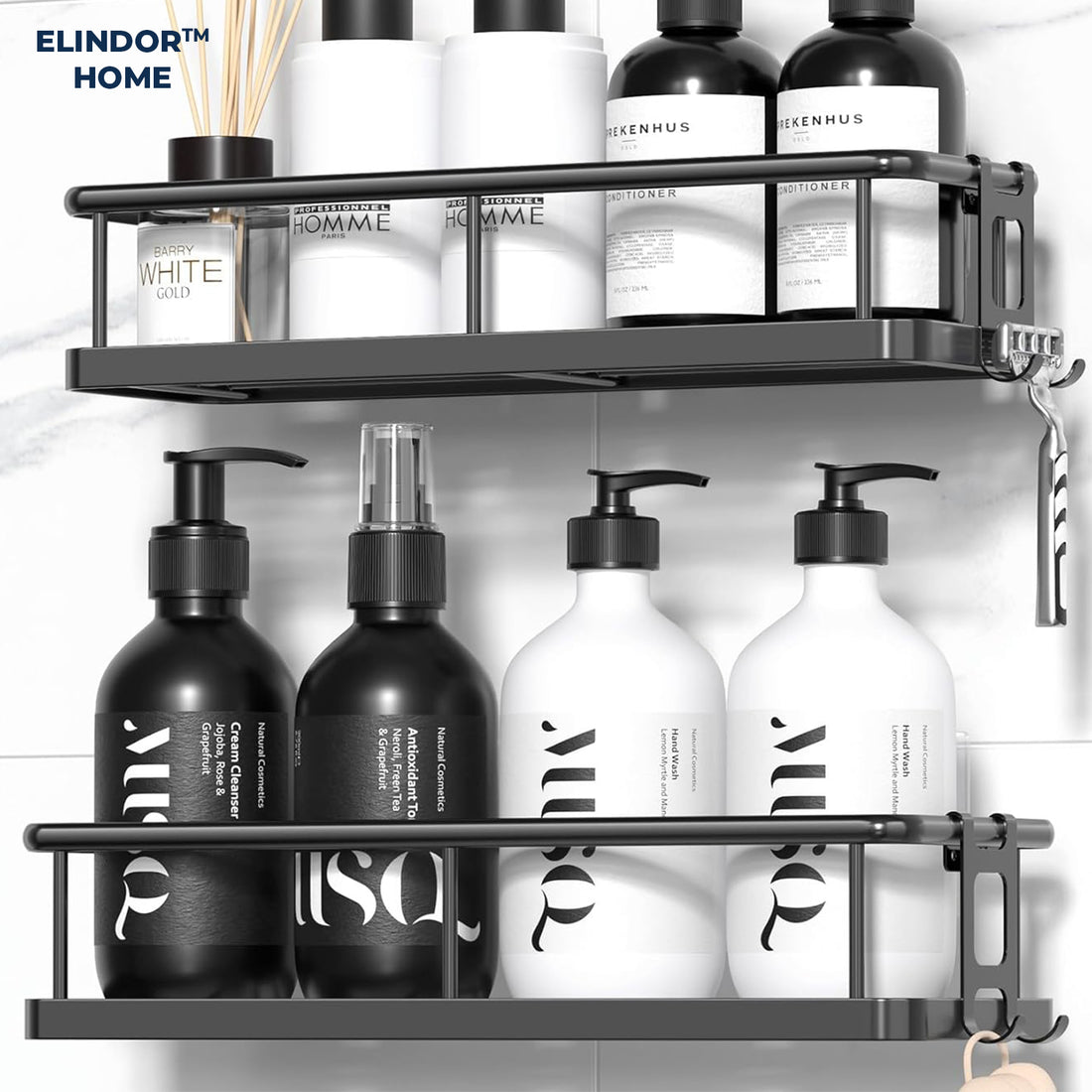 Set 2 Rafturi de Dus Elindor® Polita cu Adeziv, Etajera de Baie, Raft cu Carlige, din Metal, Suport Prosop si Sapun, Organizator Baie sau Etajere Depozitare in Bucatarie, Accesorii, 31.5 x 11 x 6.5 cm, Negru