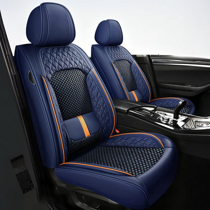 Set 5 Huse Scaune Auto Elindor®, Impermeabile, Universale, Protectie Fata/Spate, Piele Ecologica si Matase Sintetica, Compatibile cu Logan, Golf, Qashqai, Tucson, Montaj Rapid, Accesorii Masina Interior, Albastru