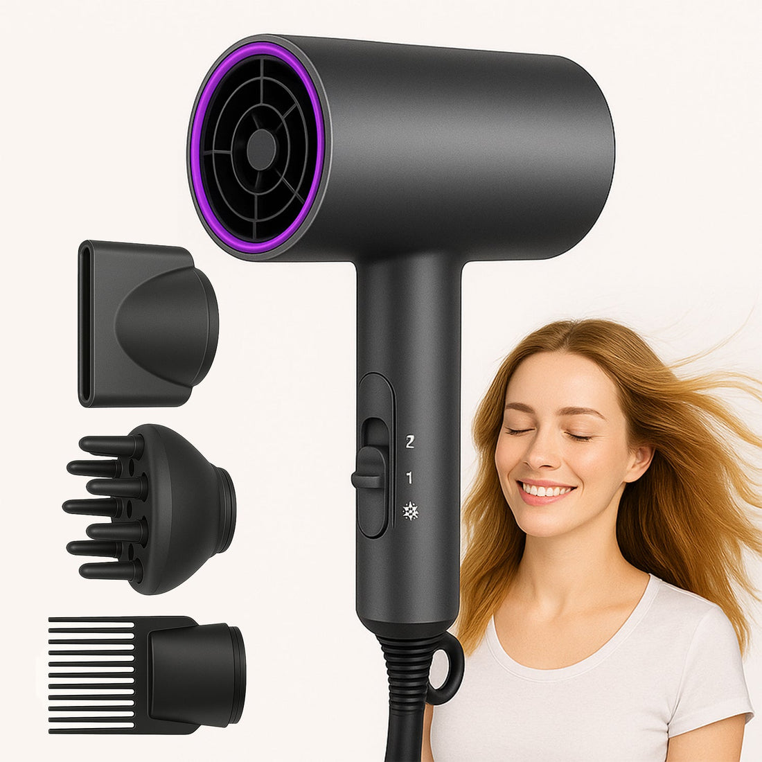 Uscator de Par Elindor®, 1800W, Tehnologie cu Ioni Negativi, 3 Trepte de Temperatura si Viteza, Jet de Aer Rece, 3 Duze pentru Coafare, Design Compact si Pliabil, Negru/Mov