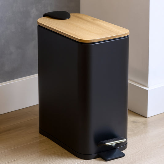 Cos de Gunoi Bucatarie Elindor® cu Pedala, cu Capac din Bambus, Capacitate 5L, Galeata Detasabila, Maner Transport, Multifunctional, Ideal in Bucatarie, Baie, Birou, Camara, Living, Dormitor, Potrivit pentru Colectare Selectiva, Negru