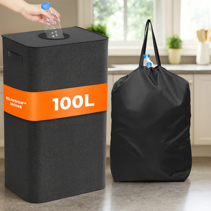 Cos pentru Reciclare Elindor® Capacitate 100L, din Material Textil cu Capac Ranforsat, Multifunctional, pentru Bucatarie sau Camara, Cos Gunoi Potrivit pentru Colectare Selectiva a Sticlelor de Plastic, 42 x 32 x 75 cm, Negru