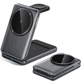 Incarcator Wireless 3-in-1 Elindor® Pliabil, Fast Charge 15W, Compatibil iPhone, Apple Watch, AirPods, Negru