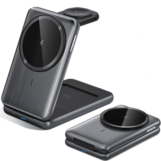 Incarcator Wireless 3-in-1 Elindor® Pliabil, Fast Charge 15W, Compatibil iPhone, Apple Watch, AirPods, Negru