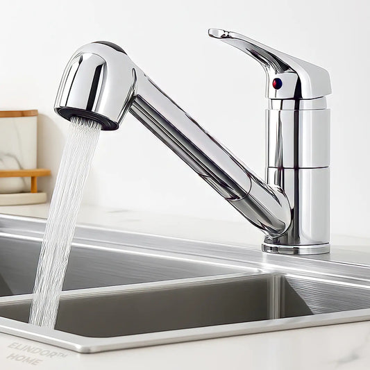 Baterie Chiuveta Bucatarie Argintie Elindor®, Robinet de Apa, Jet Reglabil, Modern cu Pipa Flexibila, Cap Dus Extractabil cu Doua Functii, Monocomanda, Rotativ 360°, pentru Bucatarie, Alama, Finisaj Lucios Cromat