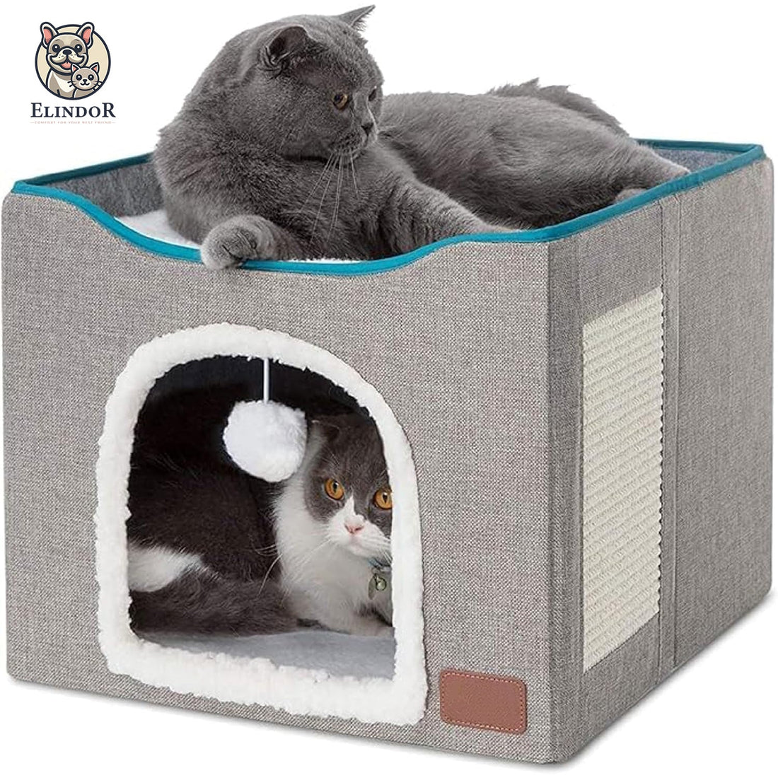 Pat pentru Pisici si Caini Elindor®, Culcus cu Interior Pliabil, Cu Baza Detasabila, Perna Confortabila, Jucarie Agatata, Zona de Ascutit Gheare, Ascunzatoare pentru Odihna si Joaca, 42×42×33 cm, Gri