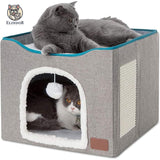 Pat pentru Pisici si Caini Elindor®, Culcus cu Interior Pliabil, Cu Baza Detasabila, Perna Confortabila, Jucarie Agatata, Zona de Ascutit Gheare, Ascunzatoare pentru Odihna si Joaca, 42×42×33 cm, Gri