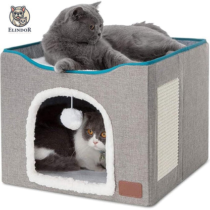 Pat pentru Pisici si Caini Elindor®, Culcus cu Interior Pliabil, Cu Baza Detasabila, Perna Confortabila, Jucarie Agatata, Zona de Ascutit Gheare, Ascunzatoare pentru Odihna si Joaca, 42×42×33 cm, Gri