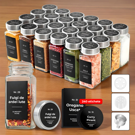 Set 24 Recipiente Condimente Elindor® din Sticla cu Capac din Inox, cu Sita, Organizator Bucatarie, Organizatoare Sertar, Borcane 120 ml, 2 Tipuri de Etichete si Palnie Metalica Accesorii Depozitare, Transparent