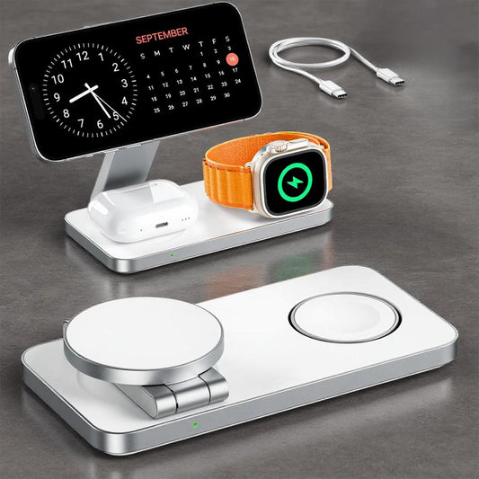 Incarcator Wireless 3 in 1 Portabil Magsafe Elindor®, 15W Qi Fast Charger, Stand Magnetic Pliabil de Birou, Charging Station pentru Apple Watch, AirPods, Telefon Compatibil iPhone, Incarcatoare fara Fir, Statie de Incarcare, Alb