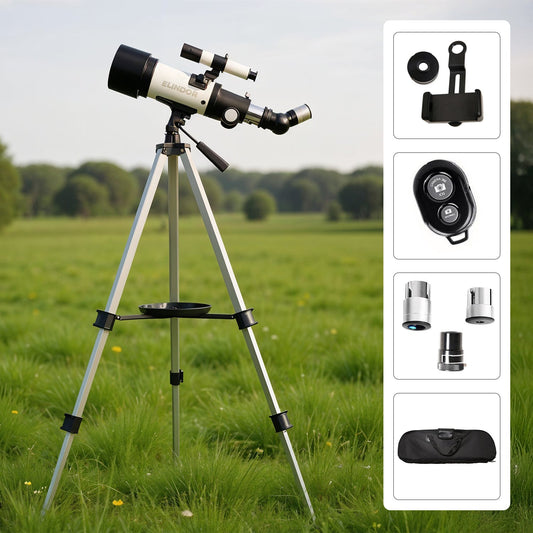 Telescop Astronomic Elindor® pentru Copii si Incepatori, Trepied Aluminiu Reglabil, Oculare Interschimbabile, Lentila Barlow 3x, Marire 16x si 40x, Suport Telefon, Observatii Lunare si Planetare, Ideal pentru Educatie si Astronomie Acasa, Alb