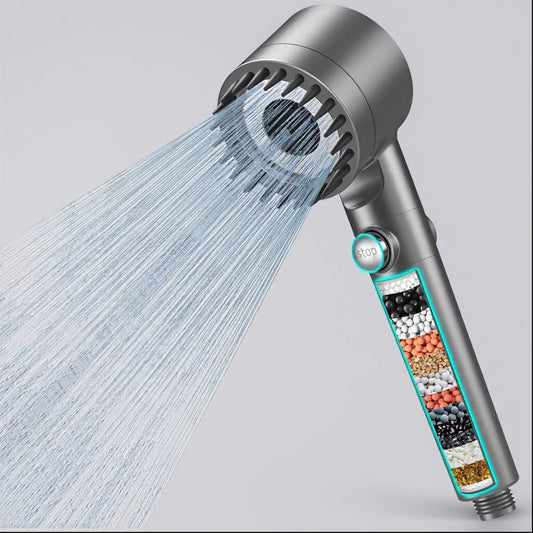 Para Dus cu Filtru 15 Straturi Elindor® Elimina Clor, Metale Grele, Impuritati, 4 Tipuri Jet, Perie Masaj Silicon, Furtun 1,5 m, Instalare Rapida, Pachet Complet cu Garnituri si Banda Etansare, Gri